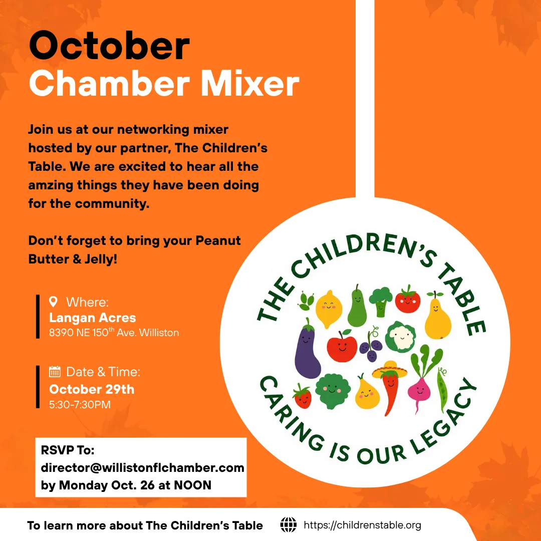 Williston Area Chamber of Commerce Mixer on October 29, 2026 from 5:30-7:30 at Langan Acres
