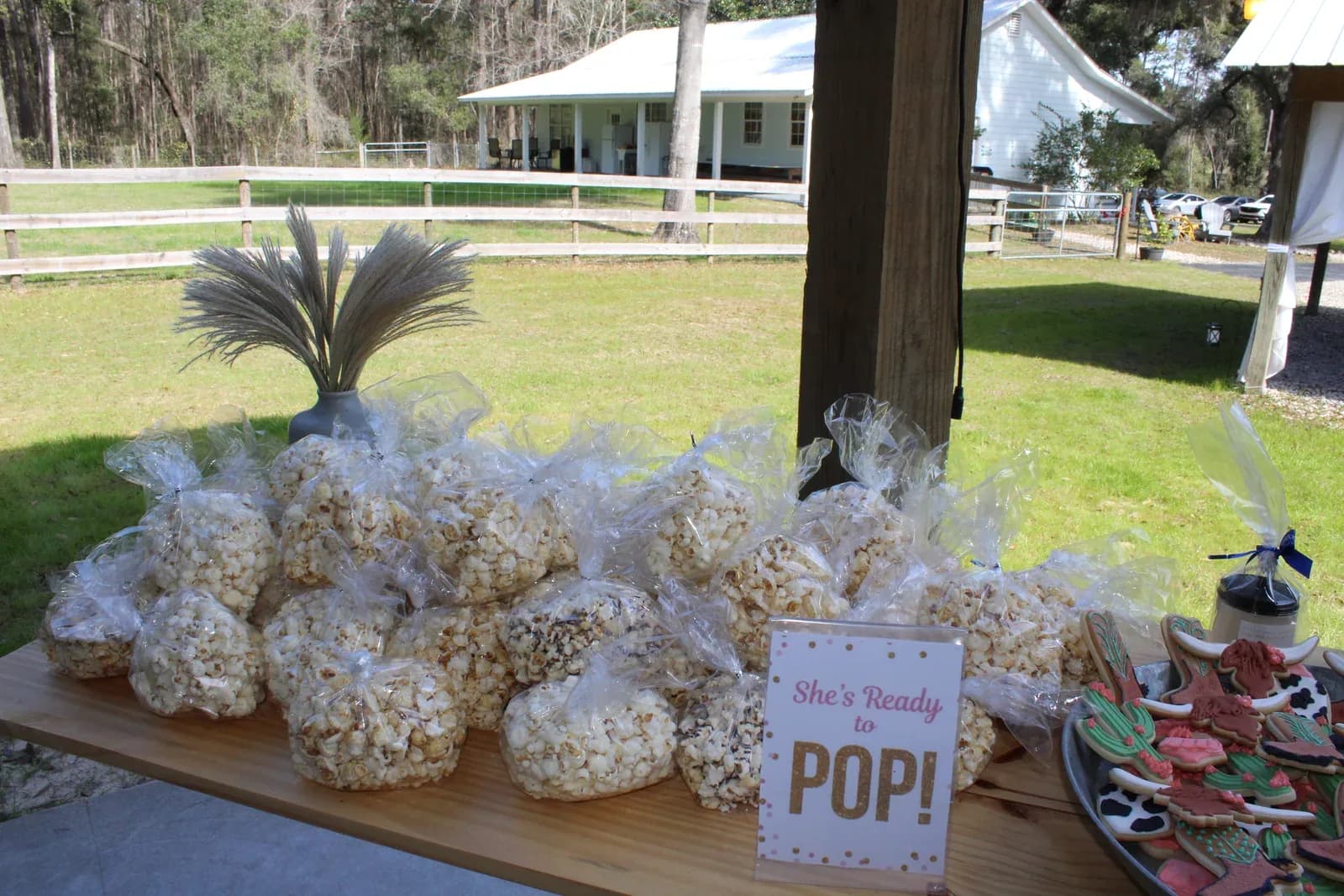 Popcorn favours on a table for a baby shower, with a hand-lettered sign