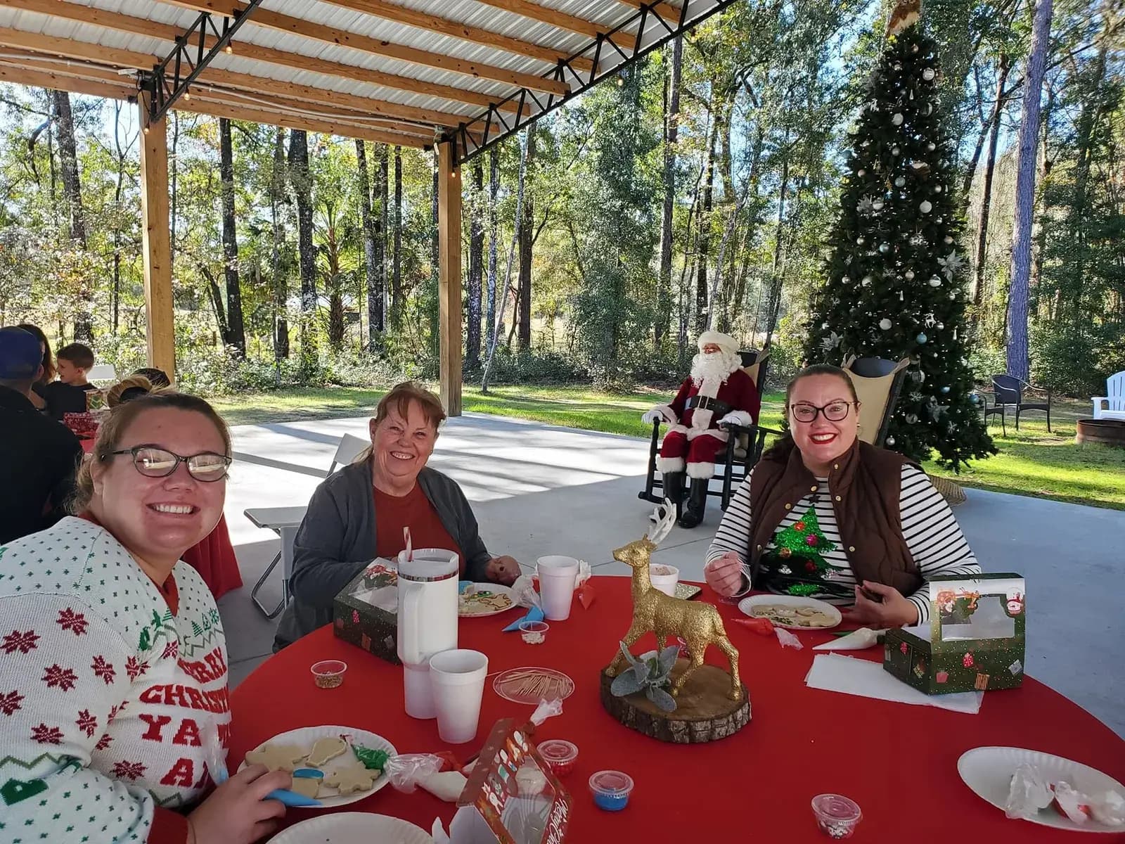 Three women in Christmas jumpers decorating cookies at a red-clothed table under the pavilion, with Father Christmas seated in a rocking chair beside a decorated tree in the daylight behind them.