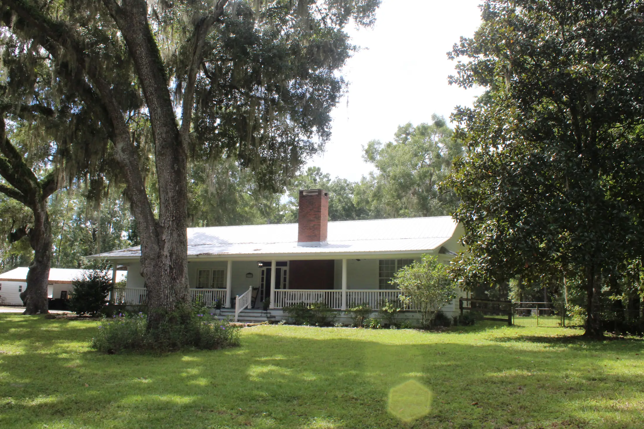 A single storey white farmhouse with a red brick chimney, metal roof and a covered front porch, sitting back on mown grass behind a large moss hung oak.