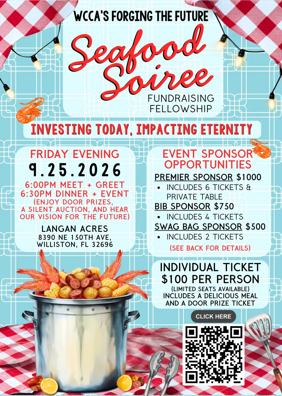 Flyer for WCCA's Seafood Soiree fundraising fellowship at Langan Acres, Friday 9.25.2026, meet and greet at 6pm and dinner at 6:30pm, individual tickets $100 per person, with sponsor levels listed and a pot of shrimp boil pictured.